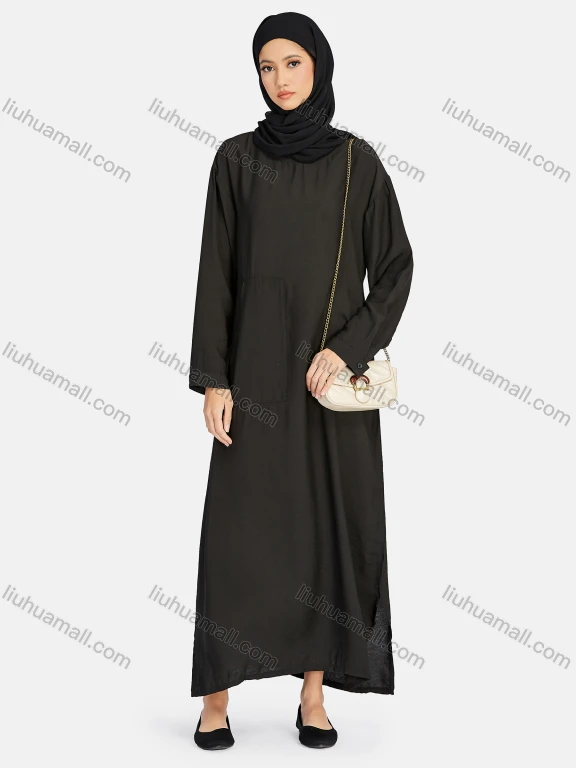 Wholesale Women's Vintage Islamic Muslim Long Sleeve Pockets Abaya Dress 1247#