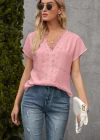 Wholesale Women's Casual Plain V Neck Lace Trim Short Sleeve Blouse - Liuhuamall