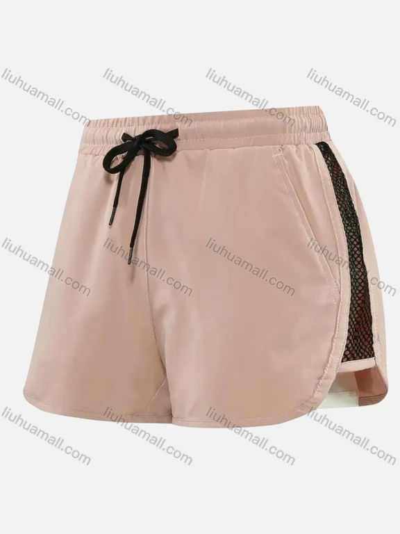 Wholesale Women's Athletic Workout Plain Drawstring Mesh Splicing Elastic Waist Shorts 0207#