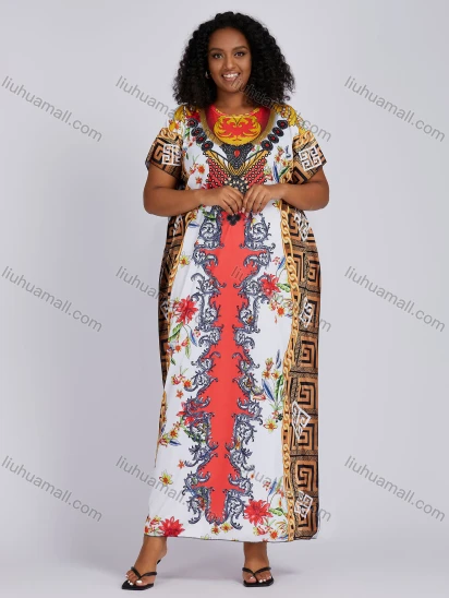 Wholesale Women's African Folkloric Greek Key Tribal Print Crew Neck Short Sleeve Maxi Dress