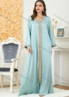 Wholesale Women's Muslim Islamic V Neck Embroidery Long Sleeve Abaya Maxi Dress 3148# - Liuhuamall