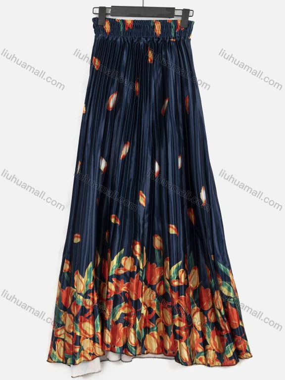 Wholesale Women's Elegant Floral High Waist Pleated Shirred Maxi Skirt 5685#