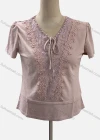 Wholesale Women's Casual Scoop Neck Short Sleeve Lace Up Appliques Blouse - Liuhuamall