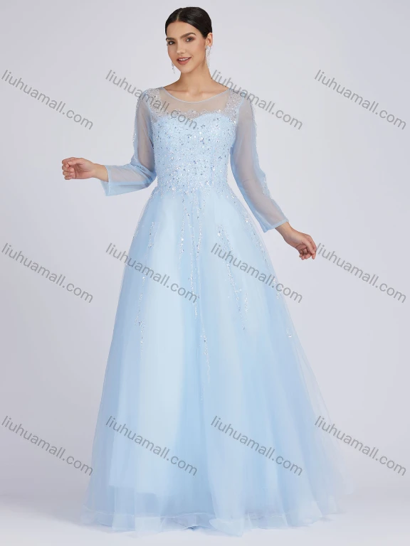 Wholesale Women's Elegant Lace Sleeve Sequin Floor Length Wedding Evening Dress 6090#