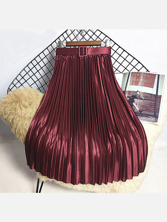 Women's Belt Glossy Pleated Maxi Skirt, Clothing Wholesale Market -LIUHUA, Skirts