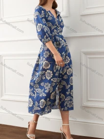 Wholesale Women's Elegant Floral Print Notched Neck Half Sleeve Buttons Down Midi Dress With Belt 9208#, LIUHUA CLOTHING WHOLESALE