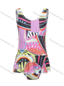 Wholesale Girls Vacation Crew Neck Sleeveless Ruffle Hem Abstract Print One Piece Swimsuit, LIUHUA CLOTHING WHOLESALE