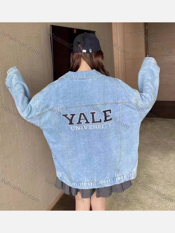 Wholesale Women's Fashion Long Sleeve Back Letter Embroidery Distressed Denim Jacket