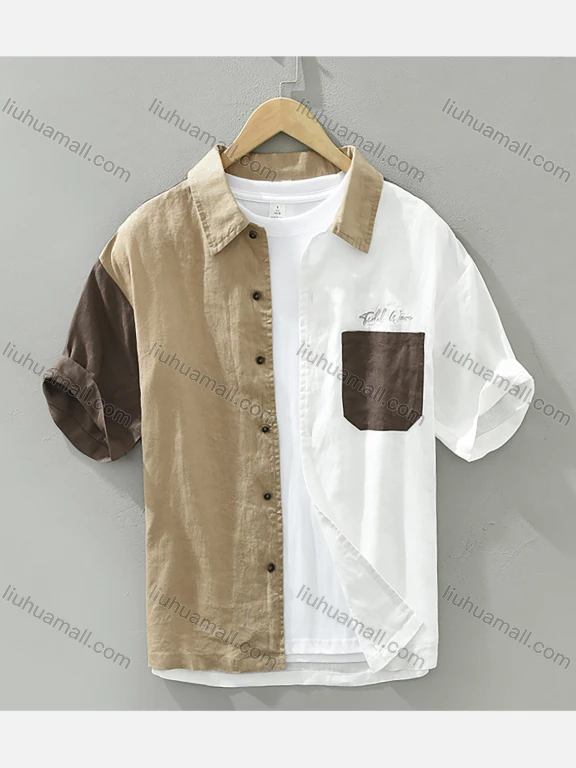 Men's Casual Shirt Collar Colorblock Button Down Patch Pockets Shirt 2517#