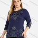 Wholesale Women's Plus Size Round Neck 3/4 Sleeve Embroidery Casual Top Blue Clothing Wholesale Market Liuhua