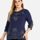 Women's Plus Size Round Neck 3/4 Sleeve Embroidery Casual Top Blue Clothing Wholesale Market -LIUHUA