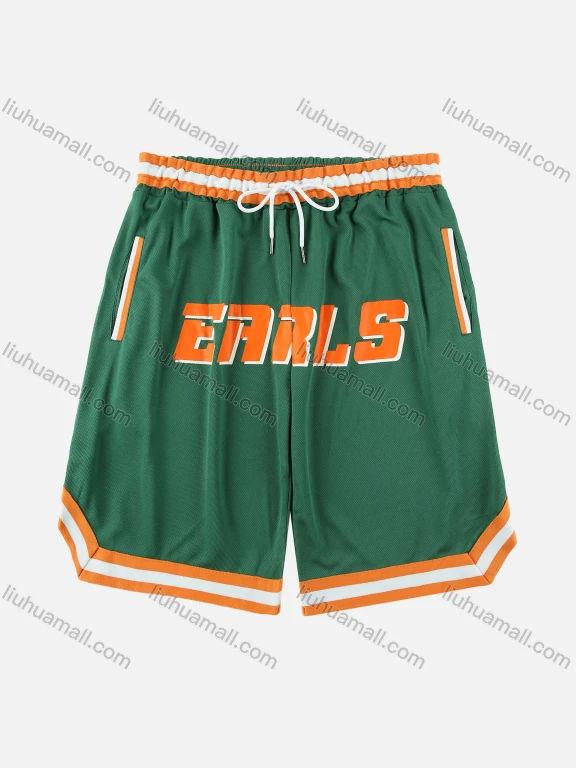 Wholesale Men's Summer Letter Patch Pocket Striped Trim Drawstring Athletic Quick Dry Basketball Sport Shorts
