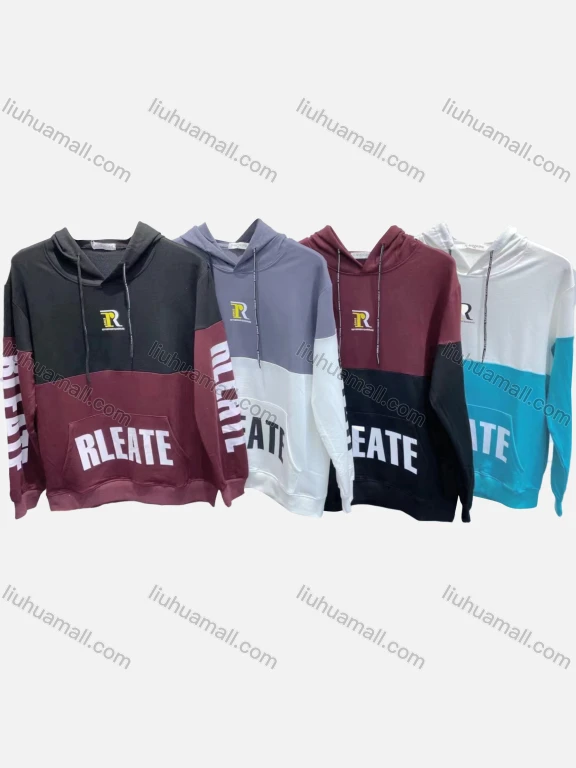 Wholesale Men's 100%Cotton Casual Colorblock Letter Print Drawstring Kangaroo Pocket Round Neck Long Sleeve Hoodie