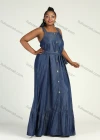 Wholesale Women's Plus Size Casual Square Neck Sleeveless Button Decor Denim Lace Up Floor Length Tank Dress - Liuhuamall