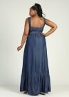 Wholesale Women's Plus Size Casual Square Neck Sleeveless Button Decor Denim Lace Up Floor Length Tank Dress - Liuhuamall