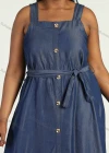 Wholesale Women's Plus Size Casual Square Neck Sleeveless Button Decor Denim Lace Up Floor Length Tank Dress - Liuhuamall