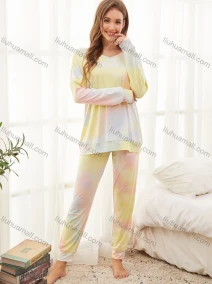 Wholesale Women's Daily Soft Tie Dye V Neck Long Sleeve Patch Pocket Tops & Pants Pajamas 2 Piece Sets, LIUHUA CLOTHING WHOLESALE