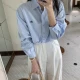Wholesale Women's Minimalist Cotton Polo Shirt, Double Button Embroidery Loose Long Sleeve Top, New for Spring & Autumn Light Blue Clothing Wholesale Market Liuhua