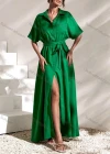 Wholesale Women's Fashion Plain Button Front Short Sleeve Split Maxi Shirt Dress With Belt - Liuhuamall