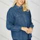 Wholesale Women's Trendy Collared Button Down Rhinestone Patch Pocket Long Sleeve Curved Hem Denim Shirt Denim Clothing Wholesale Market Liuhua