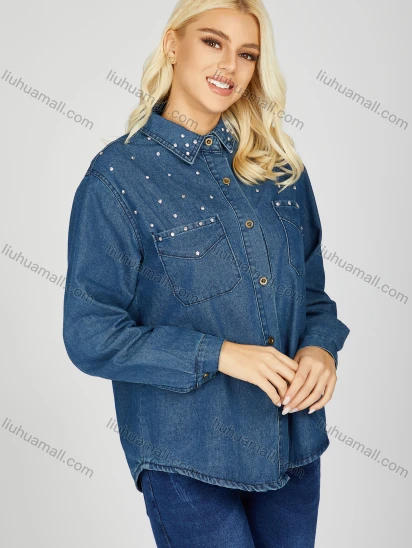 Wholesale Women's Trendy Collared Button Down Rhinestone Patch Pocket Long Sleeve Curved Hem Denim Shirt
