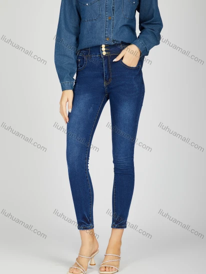 Wholesale Women's Casual Plain Patch Pocket Button Front High Waist Skinny Fit Jean