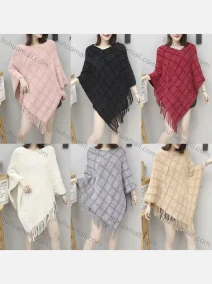 Wholesale Women's Casual V Neck Plaid Scarf Hem Knit Cape D1820#, LIUHUA CLOTHING WHOLESALE