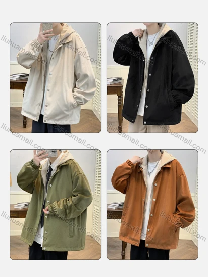 Wholesale Men's Plain Splicing Long Sleeve Patch Pocket Corduroy Button Down Hooded Jacket 7906#