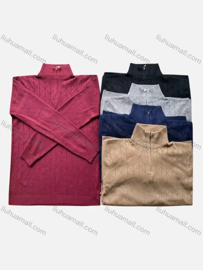 Wholesale Men's Casual Plain Quarter Zip High Neck Long Sleeve Knit Sweater