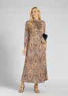 Wholesale Women's Elegant Stand Collar Long Sleeve Allover Tribal Print Pleated Maxi Dress With Belt - Liuhuamall