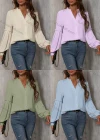 Wholesale Women's Casual Plain V Neck Ruffle Trim Button Down Long Sleeve Blouse - Liuhuamall