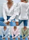 Wholesale Women's Casual Plain Swiss Dot V Neck Lace Trim Ruffle Trim Long Sleeve Blouse - Liuhuamall