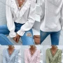 Wholesale Women's Casual Plain Swiss Dot V Neck Lace Trim Ruffle Trim Long Sleeve Blouse preview