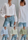 Wholesale Women's Casual Plain Swiss Dot Tassel Cord Long Sleeve Blouse - Liuhuamall