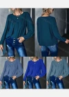Wholesale Women's Casual Plain Round Neck Long Sleeve Ruched Blouse - Liuhuamall