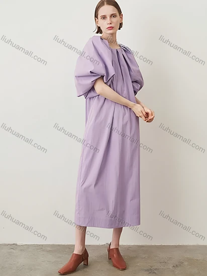 Wholesale Women's Elegant Plain Crew Neck Pleated Half Sleeve Split Hem Patch Pocket Midi Dress