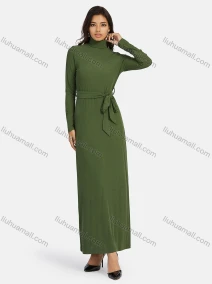 Wholesale Women's Casual Plain Turtleneck Rib-knit Lace Up Maxi Dress, LIUHUA CLOTHING WHOLESALE