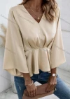 Wholesale Women's Casual Plain V Neck Long Sleeve Ruffle Hem Blouse - Liuhuamall
