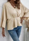 Wholesale Women's Casual Plain V Neck Long Sleeve Ruffle Hem Blouse - Liuhuamall
