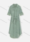 Wholesale Women's Stand Collar Buckle Strap Cuff Buttons Flap Pockets Belted Curved Hem Plain Maxi Shirt Dress - Liuhuamall