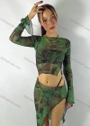 Wholesale Women's Sexy Bateau Neck Bell Sleeve Graffiti Print Mesh Semi-sheer Graphic Top Q21TP458# - Liuhuamall