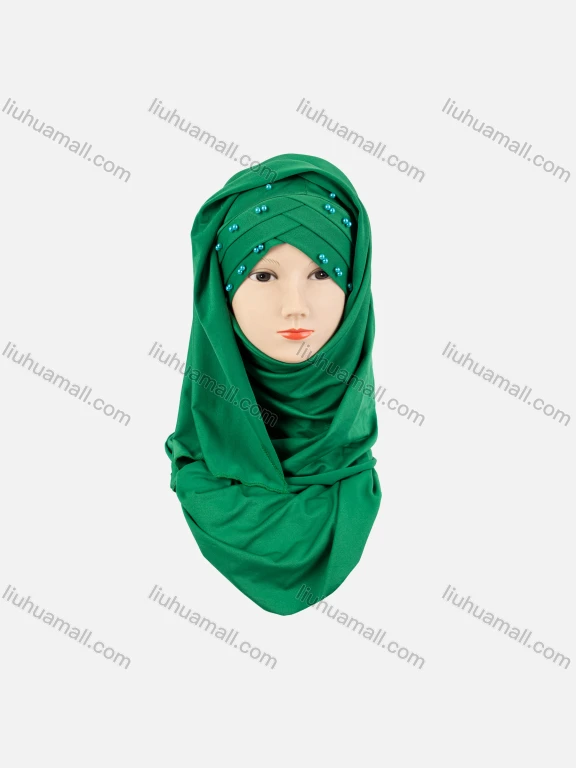 Wholesale Women's Casual Plain Pearl Decro Long Arabic Muslim Hijab Turban Scarf