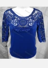 Wholesale Women's Vintage 3/4 Sleeve Guipure Lace Trim Embroidery Plain Tops - Liuhuamall