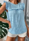Wholesale Women's Casual Plain Round Neck Ruffle Trim Blouse - Liuhuamall