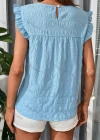 Wholesale Women's Casual Plain Round Neck Ruffle Trim Blouse - Liuhuamall