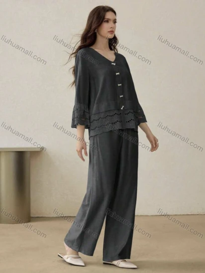 Wholesale Embroidered cotton and linen long-sleeve women's set, with stylish butterfly buttons, casual and comfortable for everyda