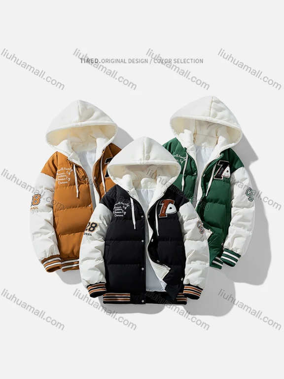 Wholesale Men's Letter 2 in 1 Hooded Pocket Button Drawstring Thermal Lined Cotton-Padded Puffer Baseball Jacket 6-2258#