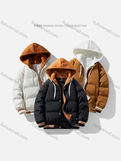 Wholesale Men's Fashion Plain 2 in 1 Hooded Patch Pocket Button Drawstring Cotton-Padded Puffer Jacket 6-2281#