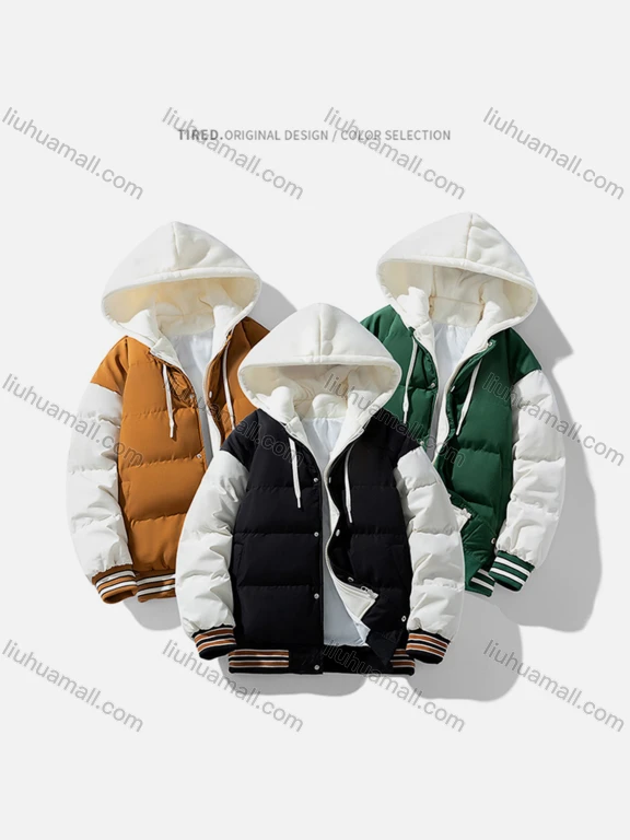 Wholesale Men's Fashion Plain 2 in 1 Hooded Patch Pocket Button Drawstring Cotton-Padded Puffer Baseball Jacket 6-2298#