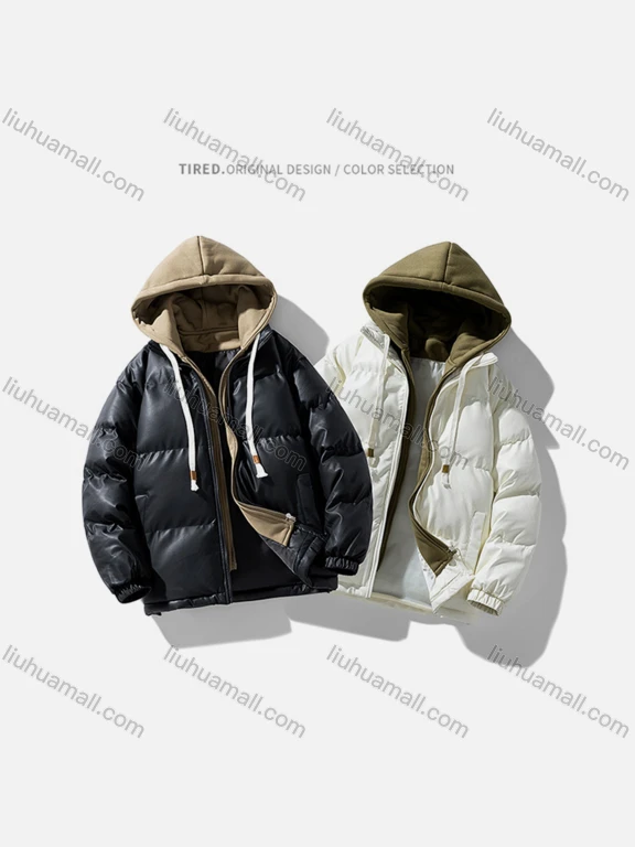 Wholesale Men's Fashion Plain 2 in 1 Hooded Patch Pocket Drawstring PU Leather Cotton-Padded Puffer Jacket 6-2318#